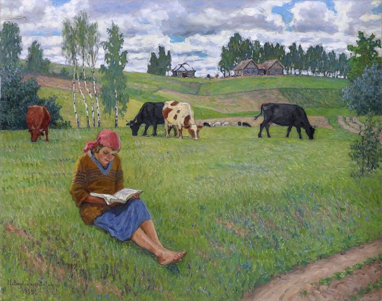 Девочка, читающая на лугу картина
