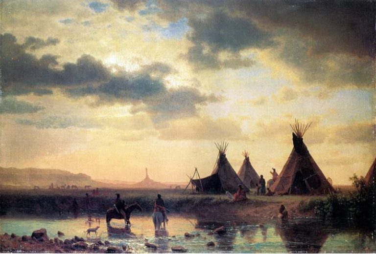 Чимни Рок, на переднем плане индейская деревня картина