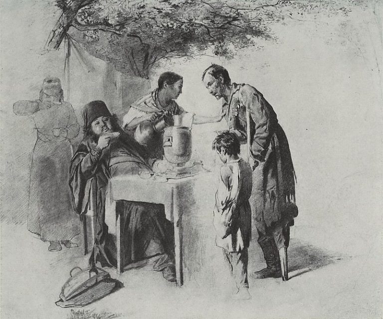 Чаепитие в Мытищах, близ Москвы. 1862 Рис. 31х37, 5 ГТГ картина