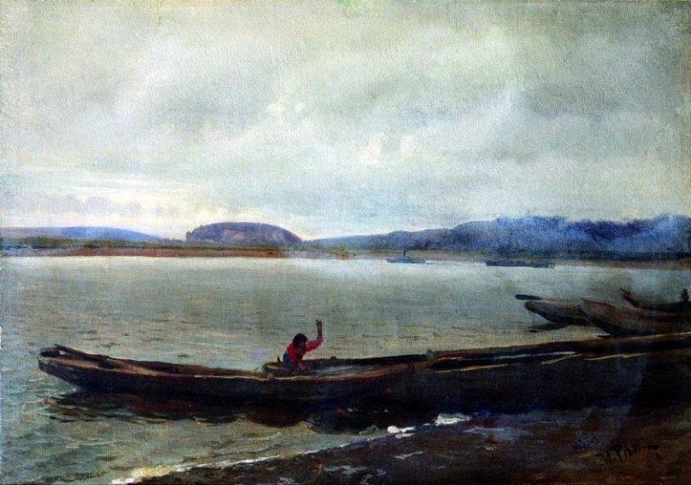 Волжский пейзаж с лодками картина