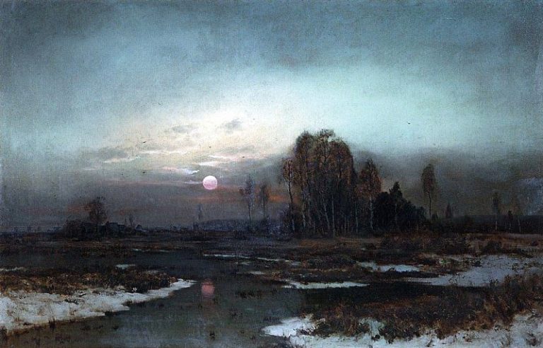 Осенний пейзаж с заболоченной рекой при луне. 1871 картина