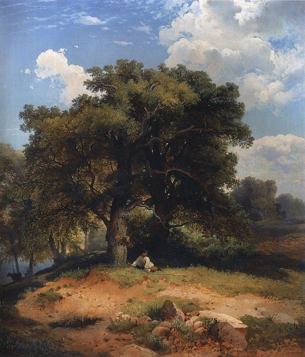 Пейзаж с дубами и пастушком. 1860 картина