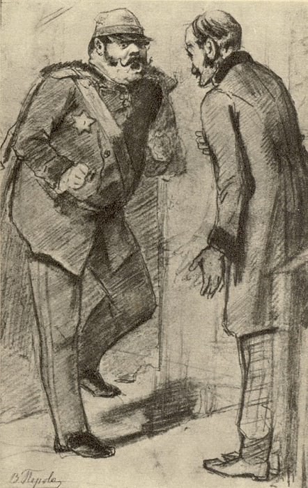 Генерал, требующий лошадей. Эскиз картины Сцена на почтовой станции Рисунок карандашом. 1866 ГТГ картина