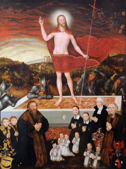 Лукас Кранах II – Воскресение Христа с донатором и его семьей картина