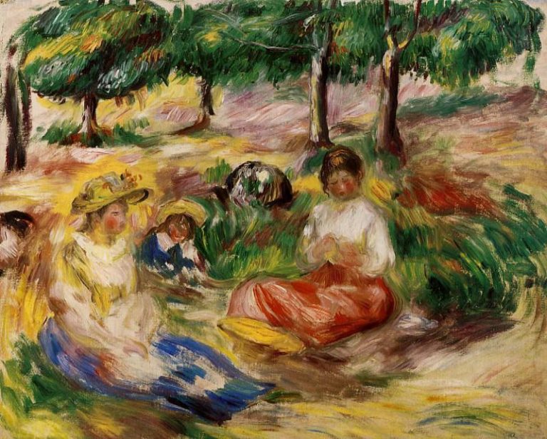 Три молодые девушки, сидящие на траве – 1896 г картина