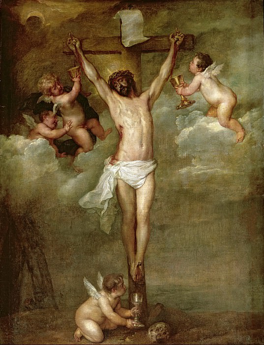Христос на кресте в окружении ангелов, собирающих его кровь картина