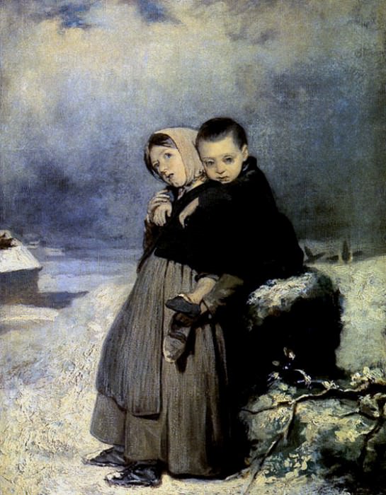 Дети-сироты на кладбище. 1864(q) Х. , м. 48х34. 8 ГРМ (Перов q) картина