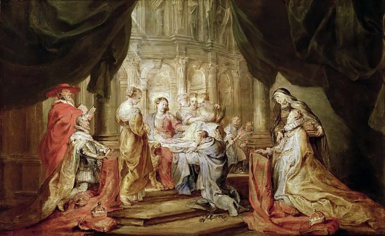 Дева Мария, вручающая архиепископу Толедскому облачение, с правителями Южных Нидерландов и их небесными патронами картина