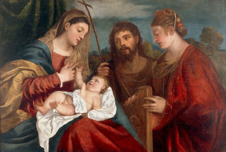 Мадонна с Младенцем, Иоанн Креститель и святая Цецилия (мастерская Тициана) картина