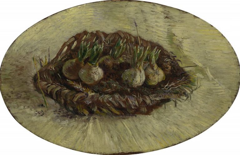 Корзина с луковицами гиацинтов картина