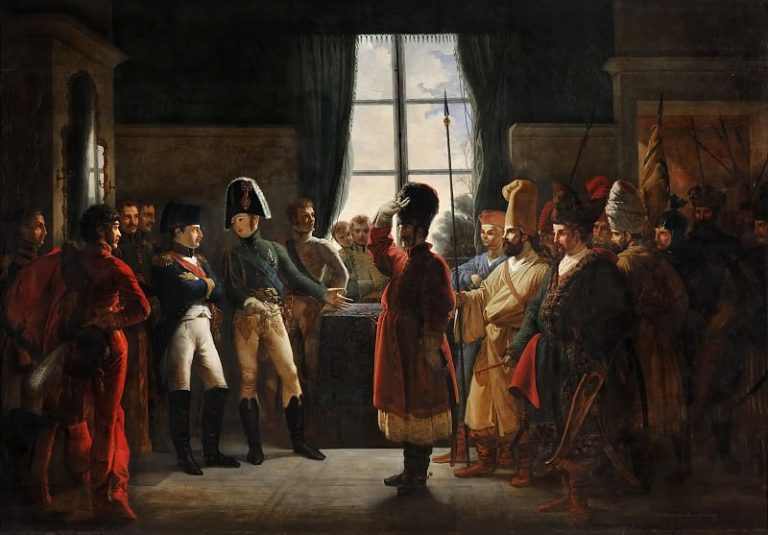 Бержере, Пьер-Ноласк – Александр I знакомит Наполеона с калмыкскими и башкирскими казаками своей армии 3 июля 1807 года картина