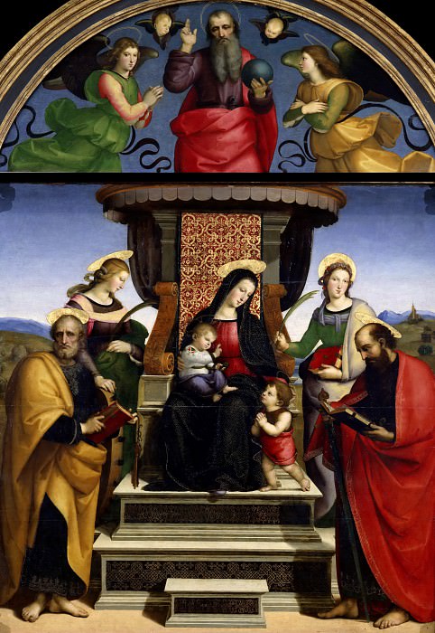Мадонна с Младенцем на троне со святыми, ангелами и Бог-Отец в люнете картина