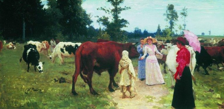 Барышни среди стада коров картина