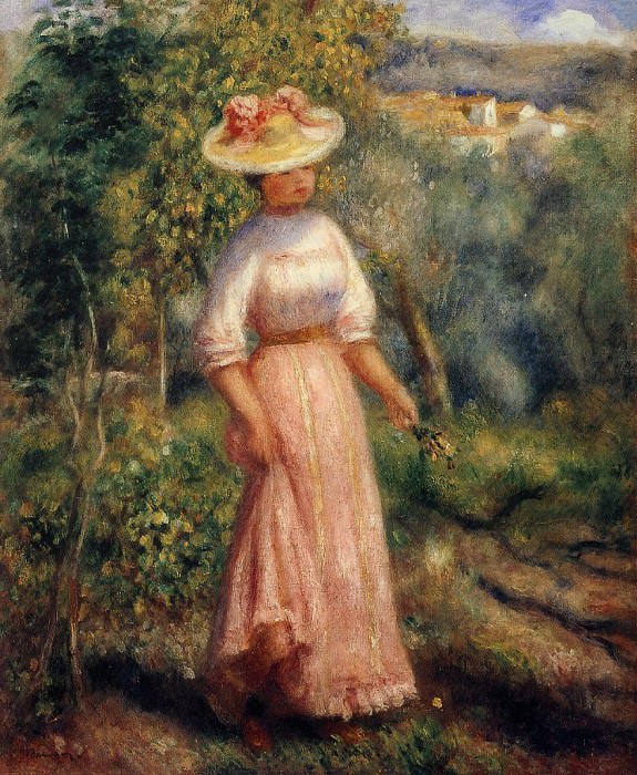 Молодая женщина в красном в поле картина