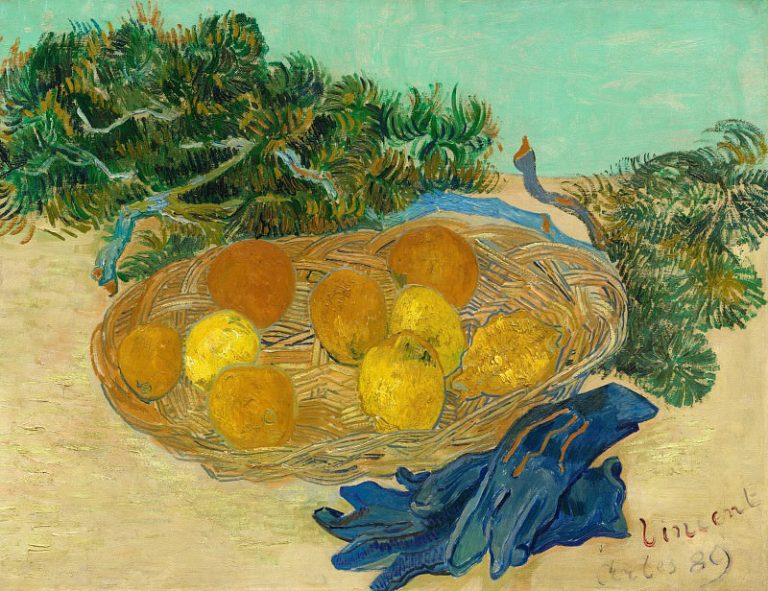 Натюрморт с апельсинами и лимонами и с синими перчатками картина