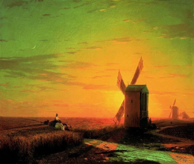 Ветряные мельницы в украинскойСтепи при закате солнца 1862 51х60 картина