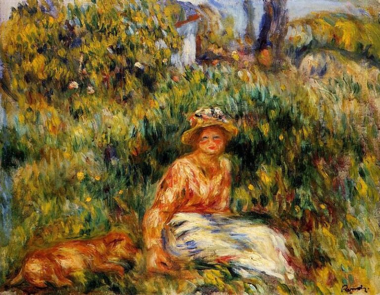 Молодая женщина в саду картина