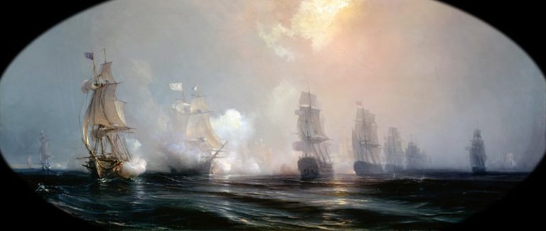 Теодор Гюден – Морской бой между английским и французским флотами во время осады Йорктауна 3 сентября 1781 года картина