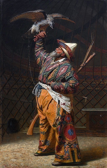 Богатый киргизский охотник с соколом картина