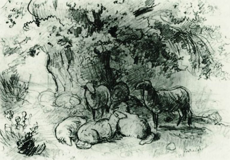 Стадо овец под дубом 1863 13х19 картина