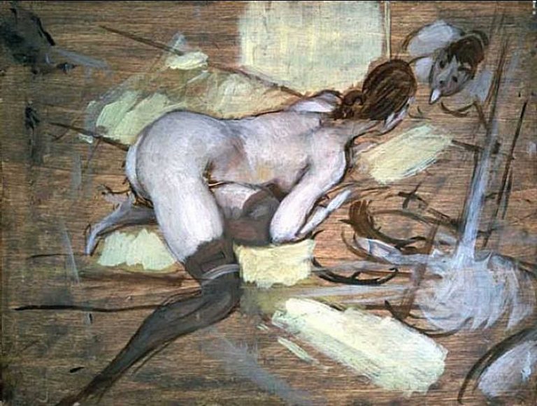 Обнаженная женщина, отдыхающая на желтых подушках картина