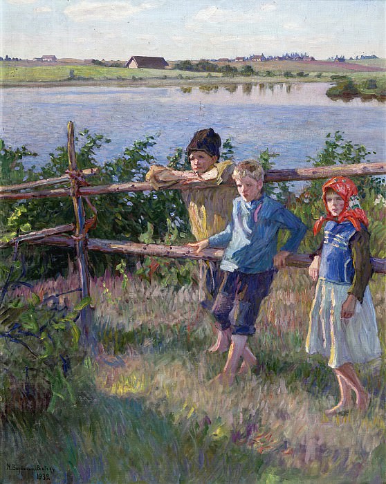 Дети на берегу озера картина