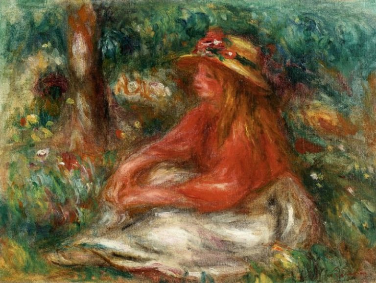Молодая девушка, сидящая на траве картина