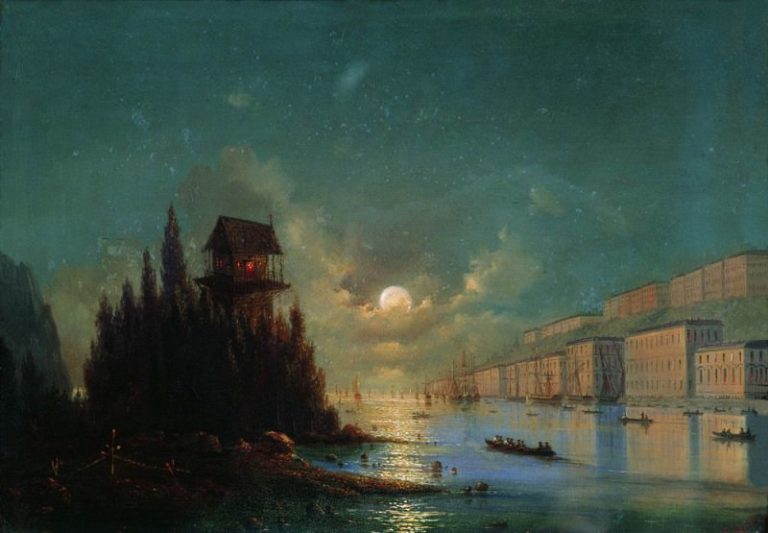 Вид приморского города вечером с зажжённым маяком 1870-е 27х37 картина