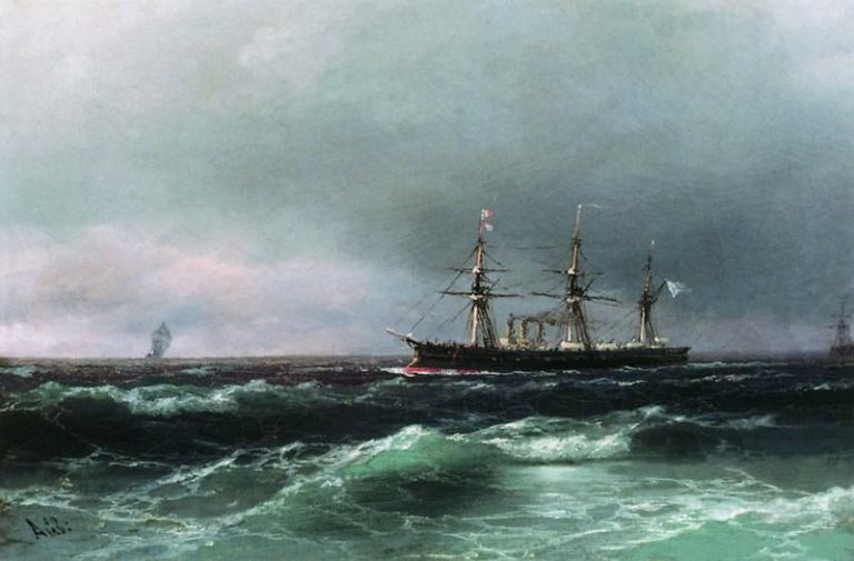 Корабль в море 1870-е 28х40 картина