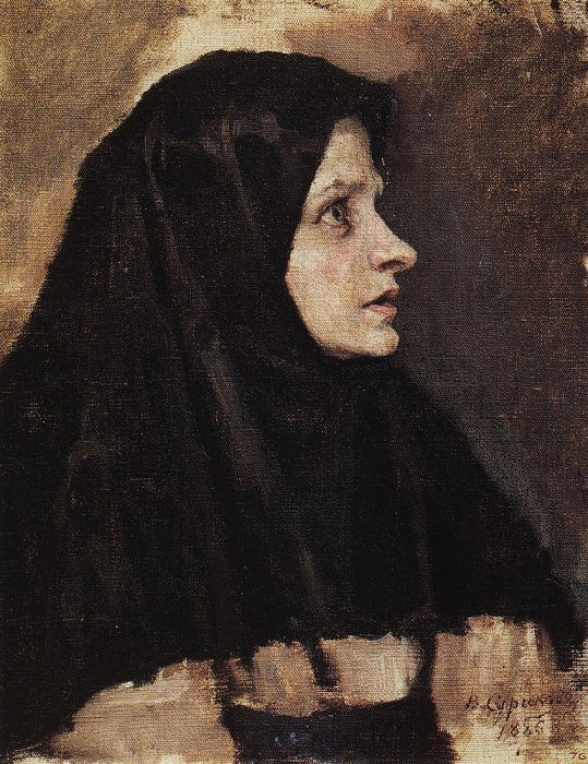 Голова женщины в черном платке картина
