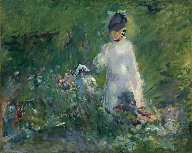 Молодая женщина среди цветов картина
