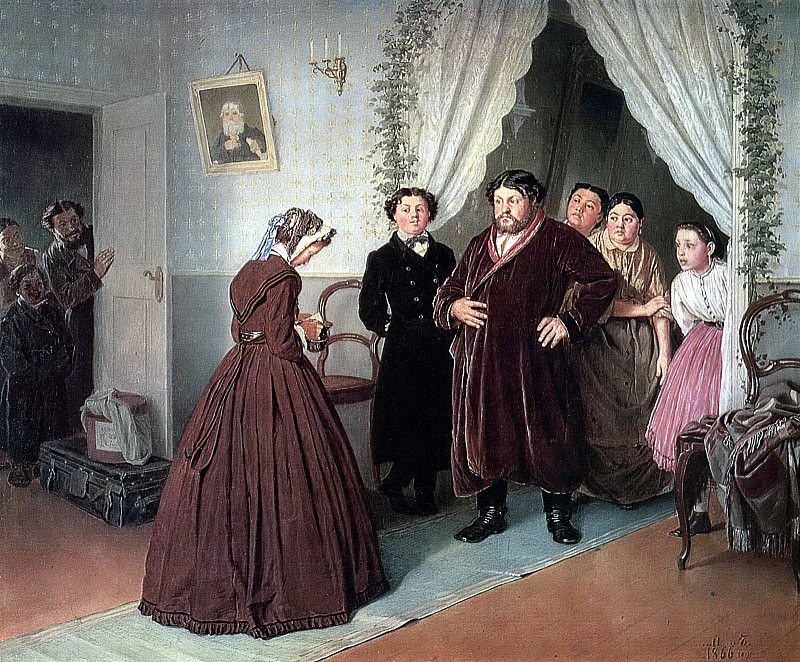 Приезд гувернантки в купеческий дом. 1866 Х. , м. 44х53, 3 ГТГ картина