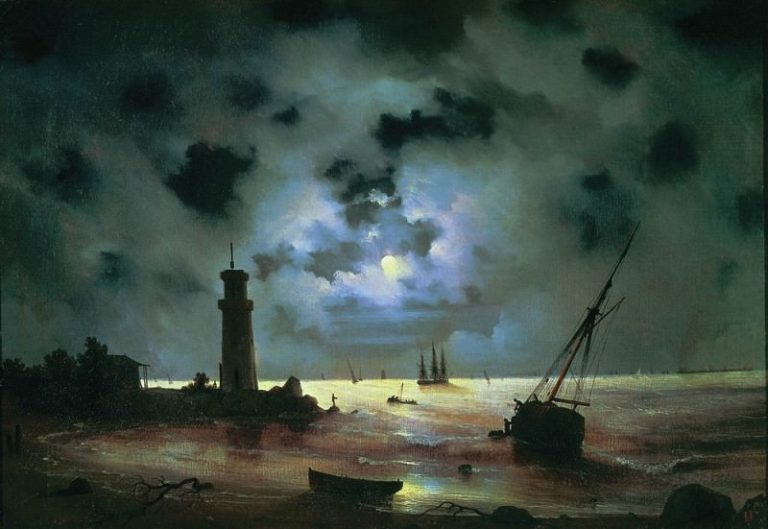 Берег моря ночью.У маяка 1837 56х81 картина