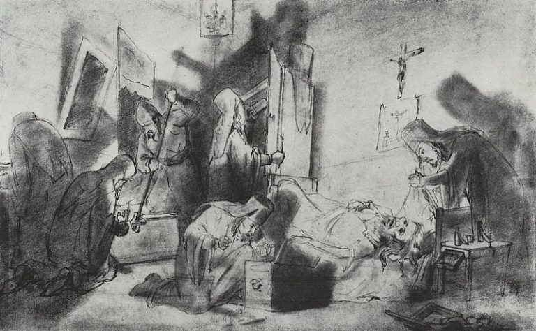Делёж наследства в монастыре (Смерть монаха). Рисунок карандашом. 1868 Рис. 18х27, 5 ГТГ картина