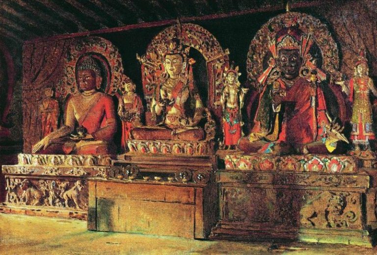 Три главных божества в буддийском монастыре Чингачелинг в Сиккиме. 1875 картина