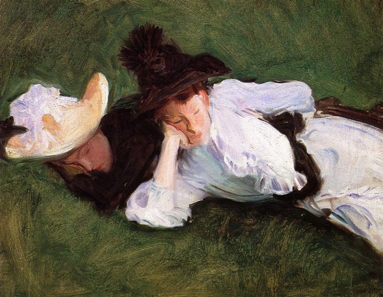 Две девушки, лежащие на траве картина