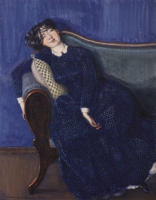 Спящая женщина в синем платье картина