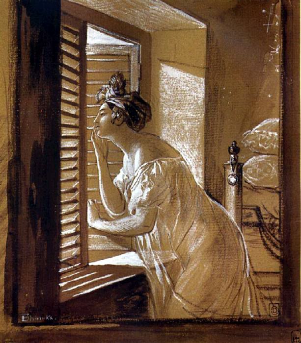 Женщина, посылающая поцелуй из окна. 1826 картина