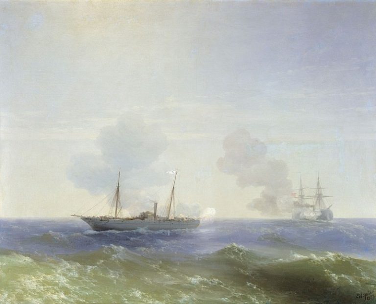 Бой парохода Веста с турецким броненосцем Фехти-Буленд в Чёрном море 11 июля 1877 г. 1877 99х124 картина