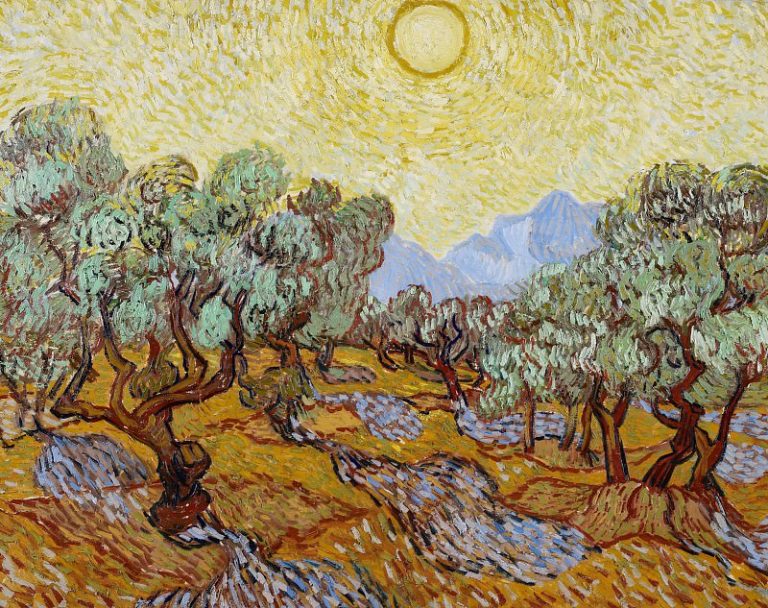 Оливковые деревья с желтым небом и солнцем картина