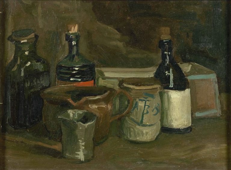 Натюрморт с бутылками и глиняной посудой картина