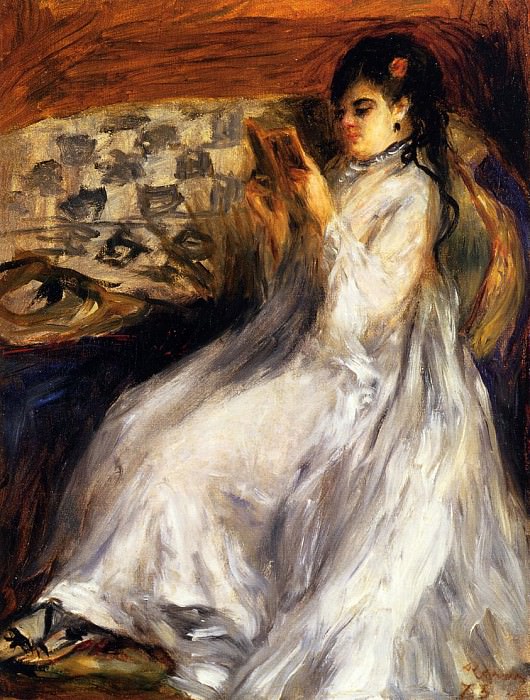 Молодая женщина в белом читает картина