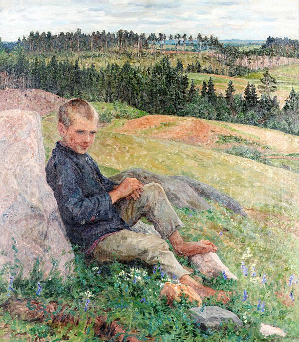 Мальчик, отдыхающий в летнем пейзаже картина