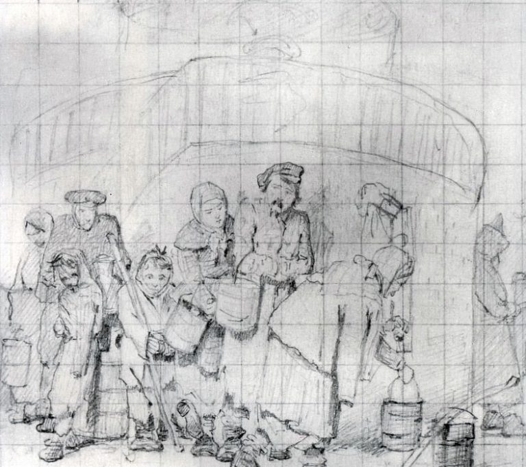 Очередные у бассейна. Эскиз. 1865 Б. , гр. к. 10. 3х12. 3 ГТГ картина