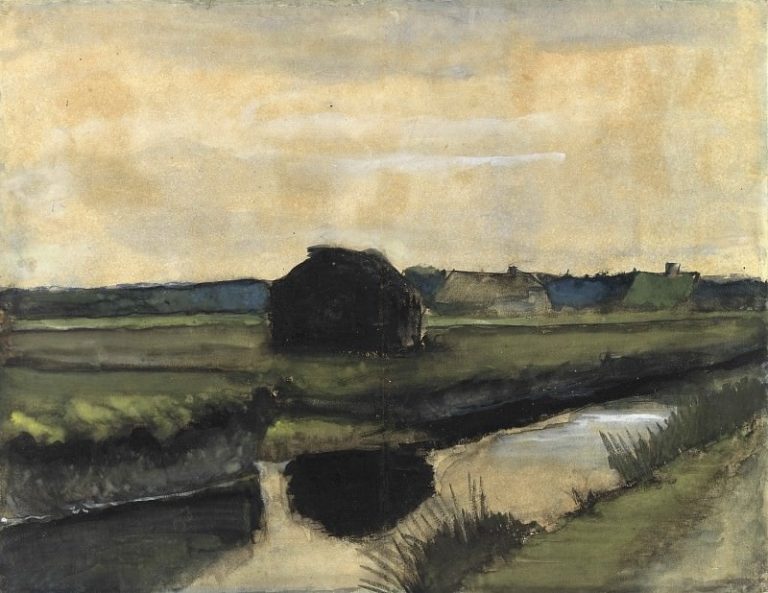Пейзаж с грудой торфа и фермерскими домами картина