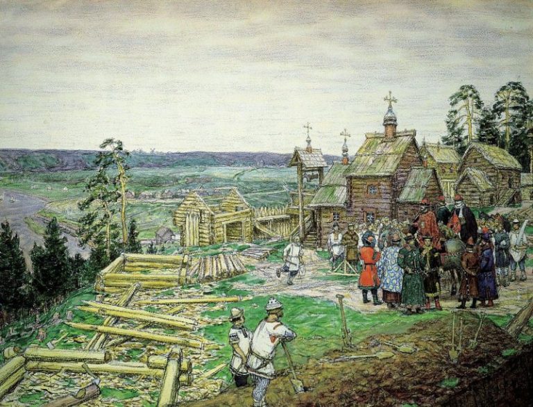 Основание Кремля. Постройка новых стен Кремля Юрием Долгоруким в 1156 году. 1917 картина