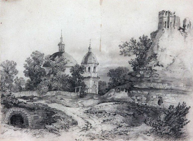 Пейзаж с церковью и руинами. 1861 картина