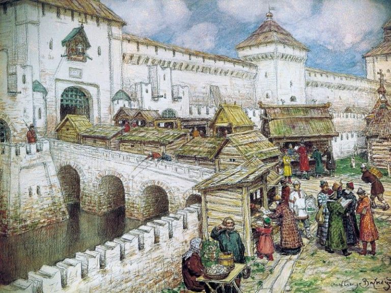 Книжные лавочки на Спасском мосту в XVII веке. 1916 картина