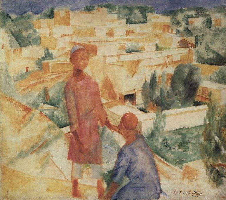 Мальчики на фоне города. 1921 картина