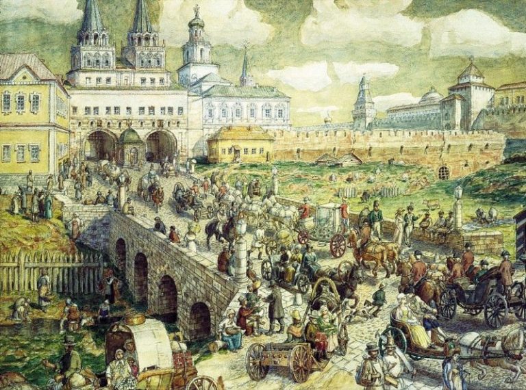 Уличное движение на Воскресенском мосту в XVIII веке. 1926 картина